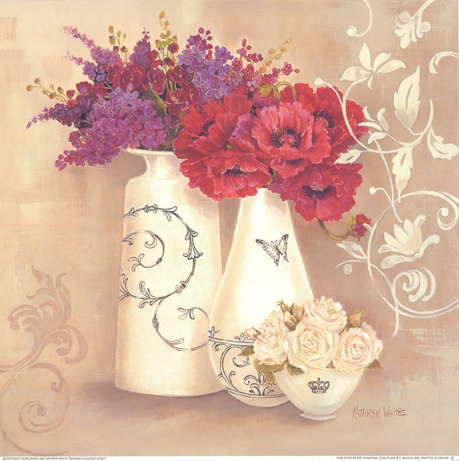 欧式四联花瓶装饰画 罂粟花与绣球花