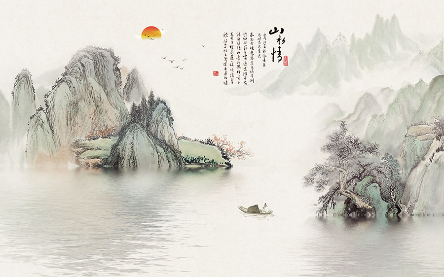 中式山水背景墙素材欣赏:山水情素材下载 F