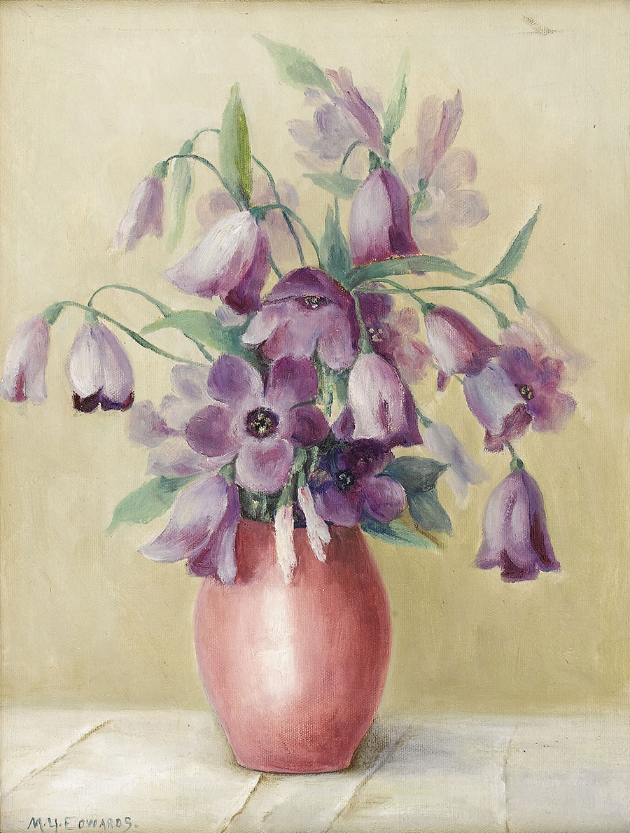 现代手绘丙烯画素材: 两联紫色的花和花瓶静物画