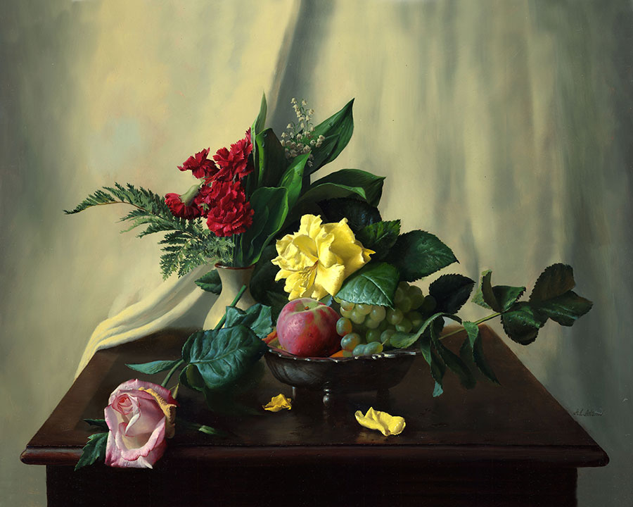 阿列克谢安东诺夫油画作品: 桌子上的水果和花卉 超写实花卉油画下载