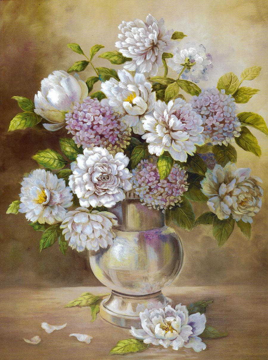 欧式唯美瓶花装饰画高清素材下载: 花瓶中的绣球花和牡丹