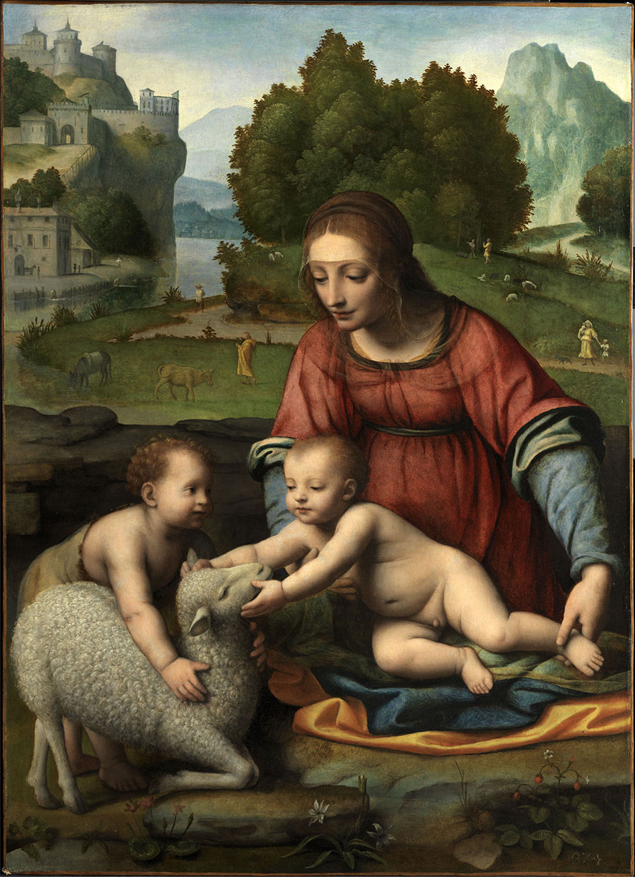 达芬奇作品: 圣母婴儿与绵羊 高清油画大图下载