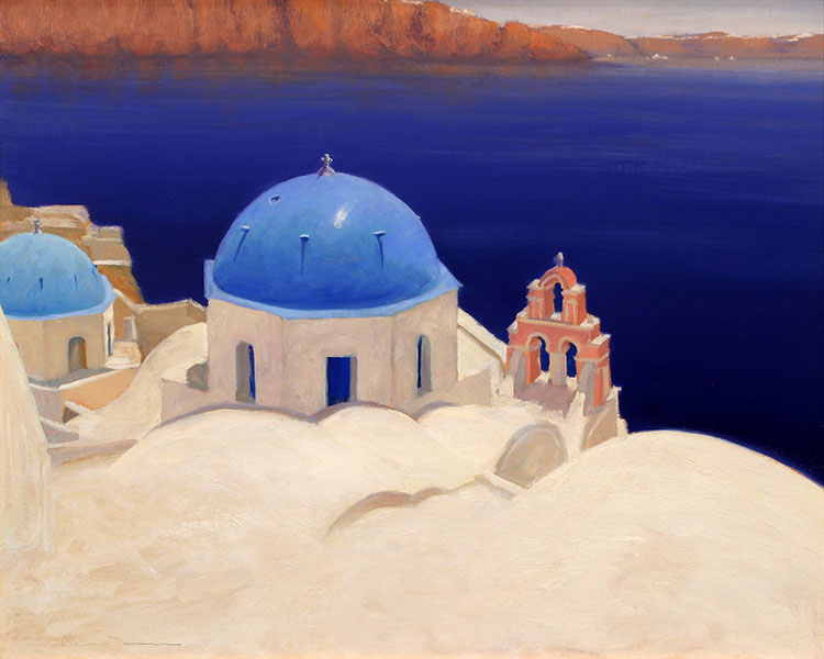 希腊 圣托里尼岛的蓝顶教堂 唯美装饰画大图