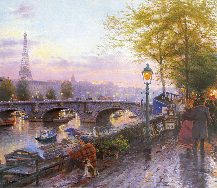 托马斯金凯德作品 有桥的河畔美景高清油画大图下载