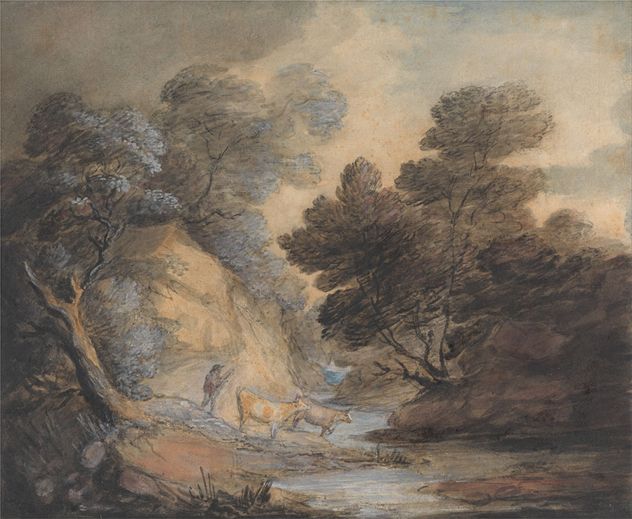 庚斯博罗风景油画作品: 在小溪边饮水的牲口油画欣赏