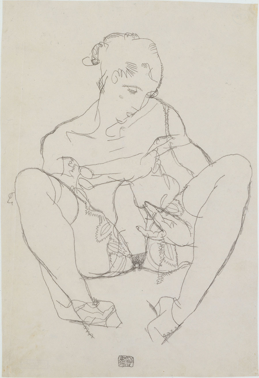 席勒素描:叉开腿坐着的裸女速写