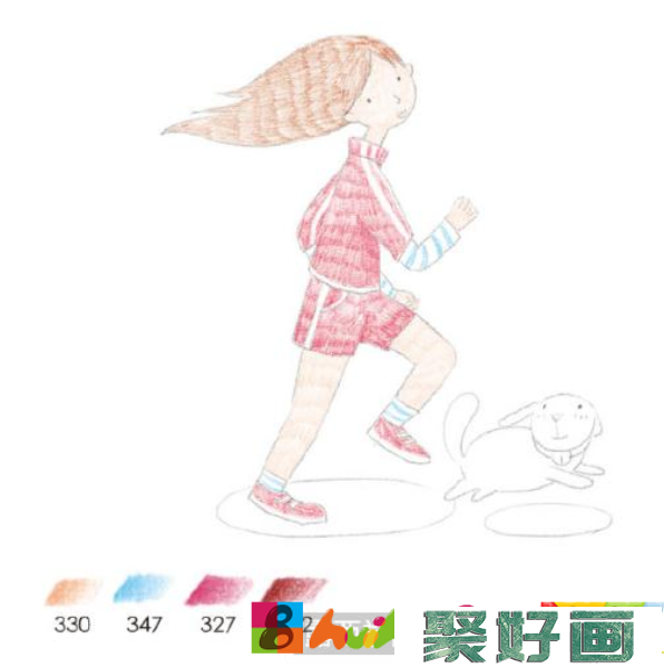 快乐奔跑的少女彩铅画