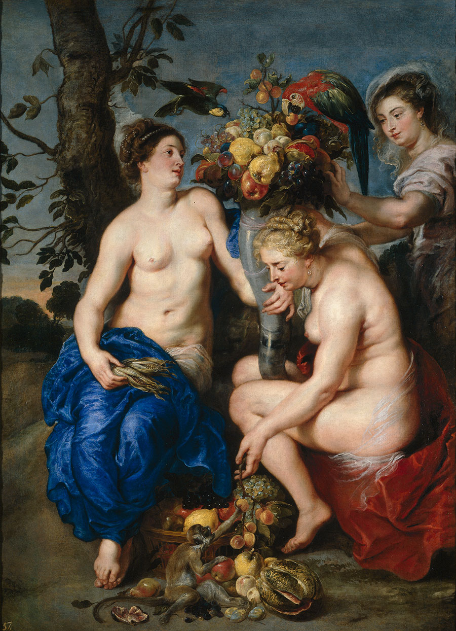 鲁本斯油画作品  Ceres with Two Nymphs 两个裸体女人油画欣赏