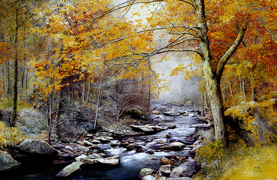 秋天林间小溪风景画   森林中的小溪水彩画高清素材下载