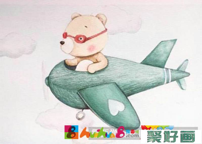 开飞机的萌熊水彩画