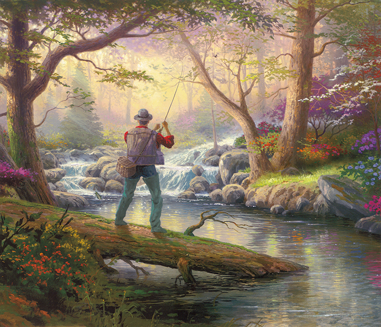 托马斯金凯德作品 森林小溪边钓鱼的人 高清油画大图欣赏