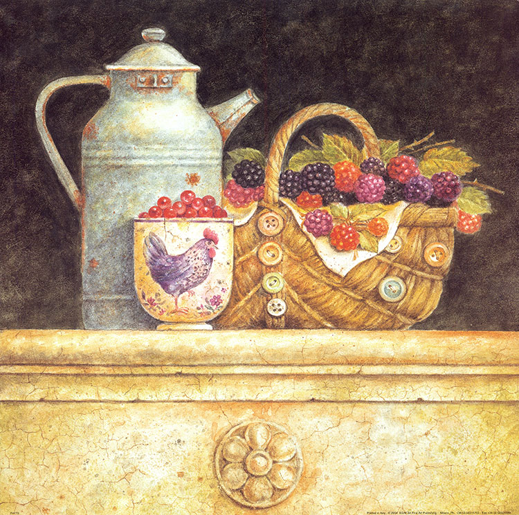 桌子上的满篮水果和浇水壶 A