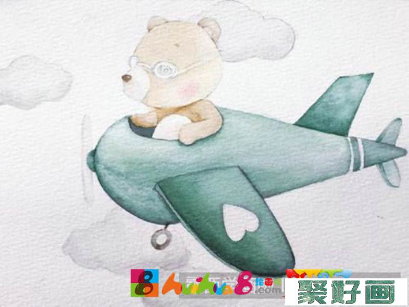 开飞机的萌熊水彩画