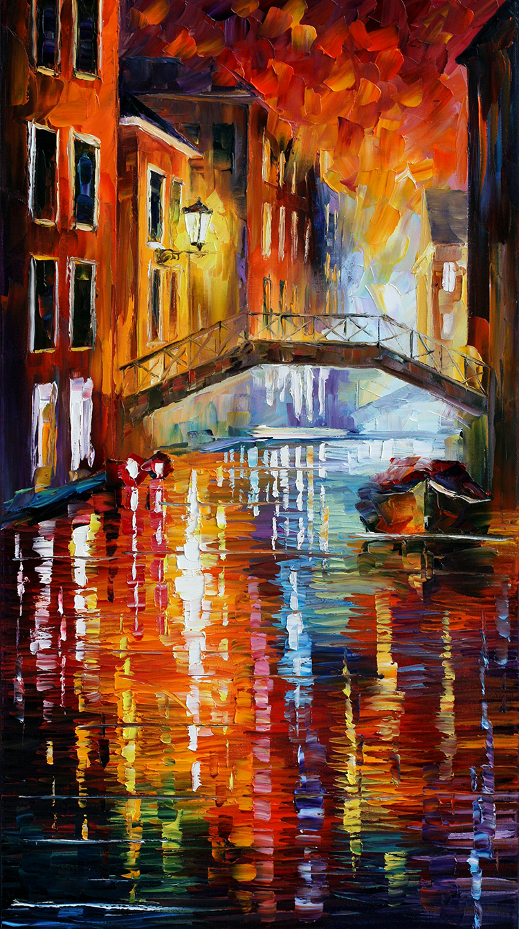 阿夫列莫夫油画作品: 城市里的桥 七彩缤纷的水面和桥
