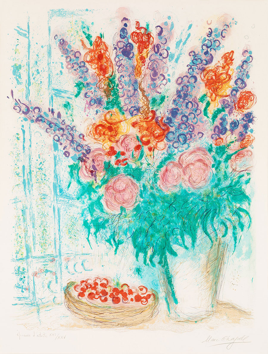 夏加尔油画作品  窗边的鲜花和水果 高清图片素材