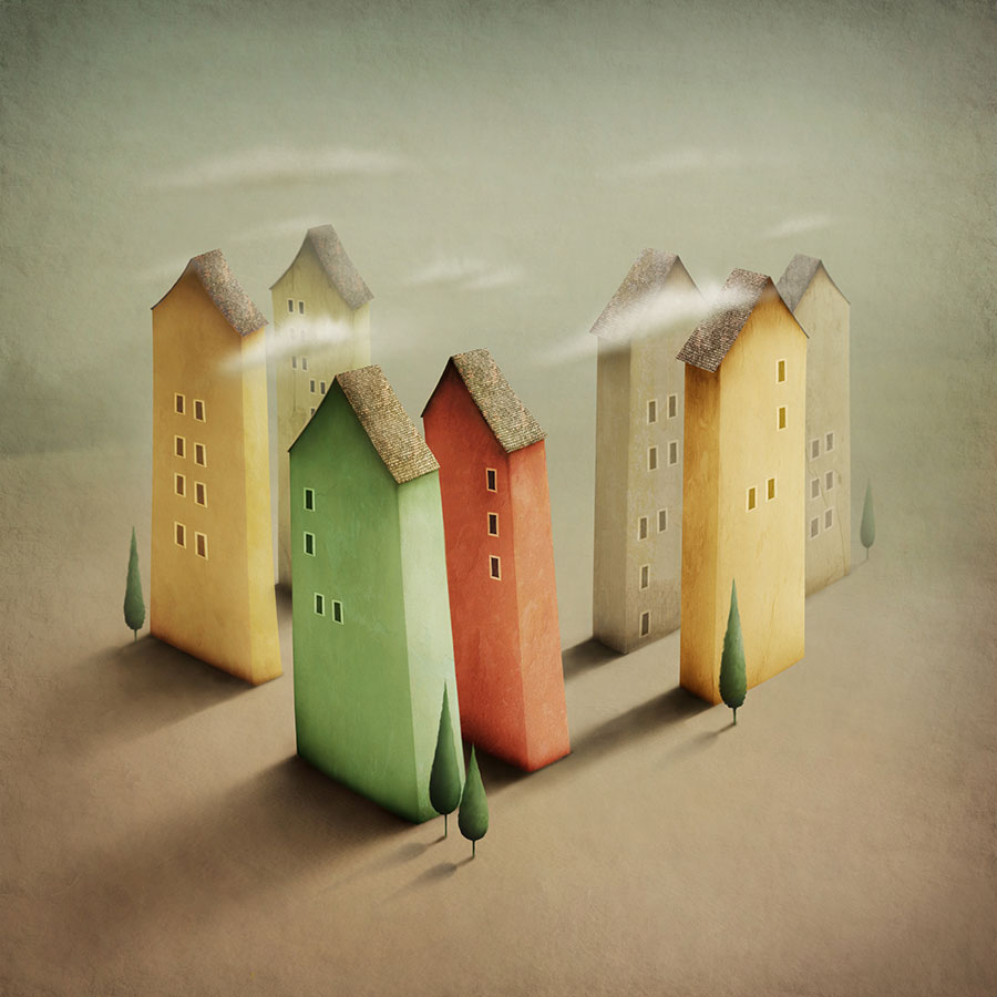 超现实梦幻画:七彩的房子装饰画