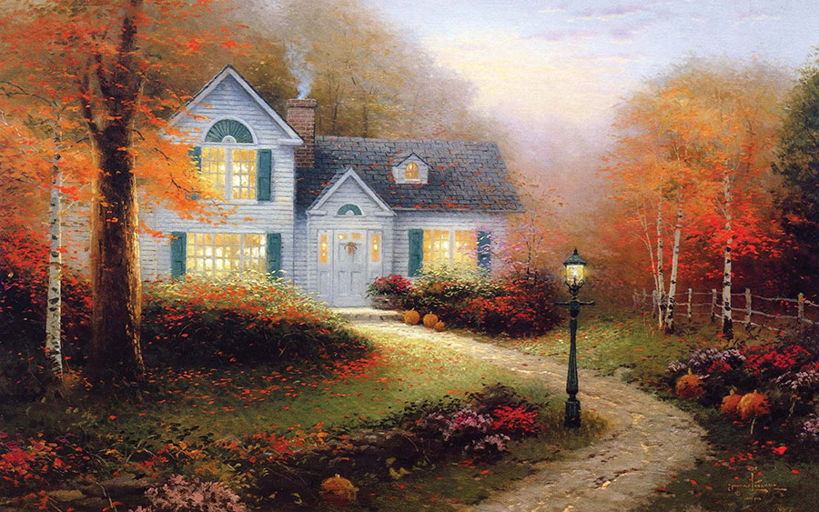 托马斯金凯德作品 秋天的乡村房屋风景油画