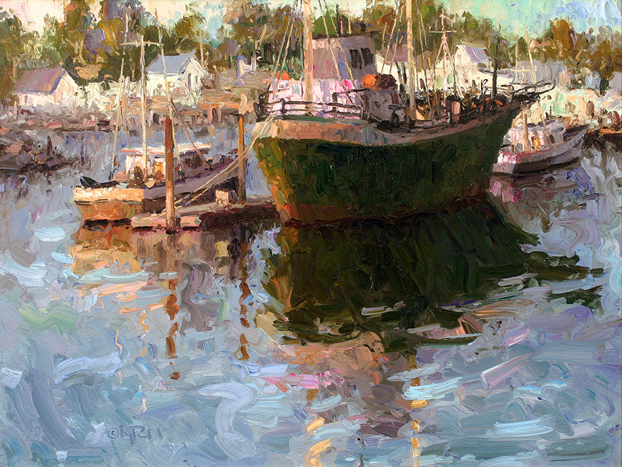 旅美油画家 梁革 calvin liang高清风景油画作品 码头停靠的船只
