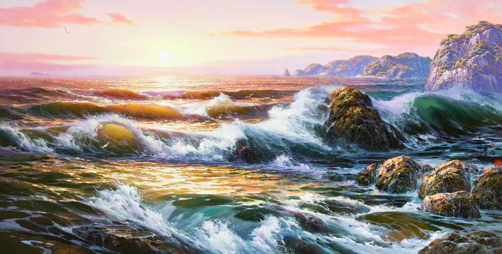 高清朝鲜风景油画大图下载,朝鲜海景油画下载,海浪油画