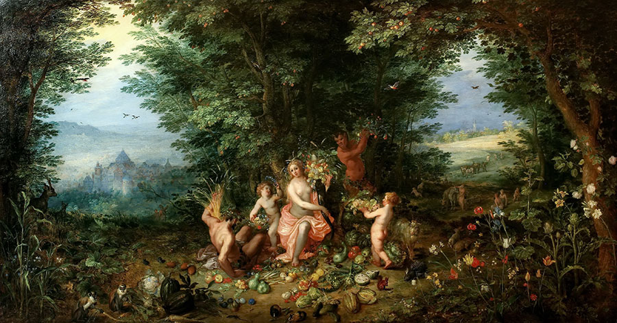 勃鲁盖尔作品: 森林中的人们和水果