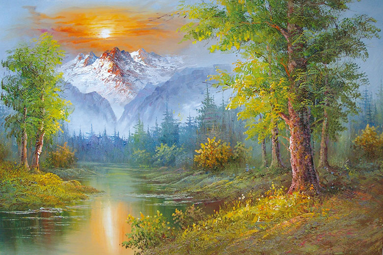 缤纷色系的三联风景行画素材: 森林油画 C