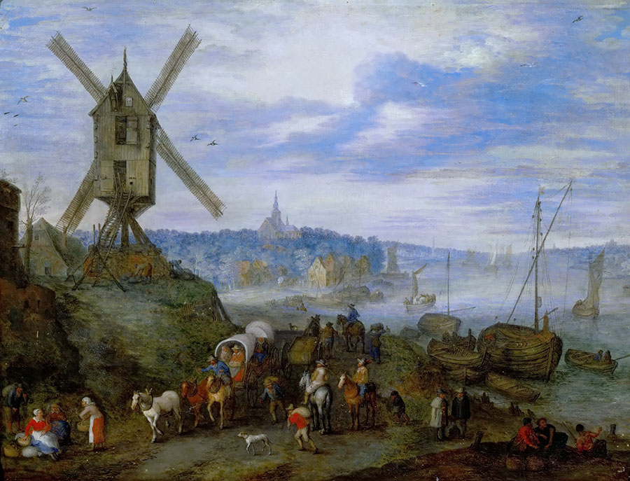 勃鲁盖尔作品: 港口的风车和行人