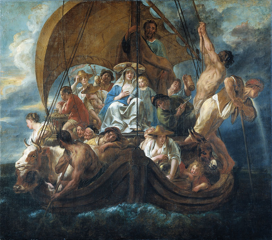 乔登斯作品:在船上有各种各样的人和动物的神圣家庭​