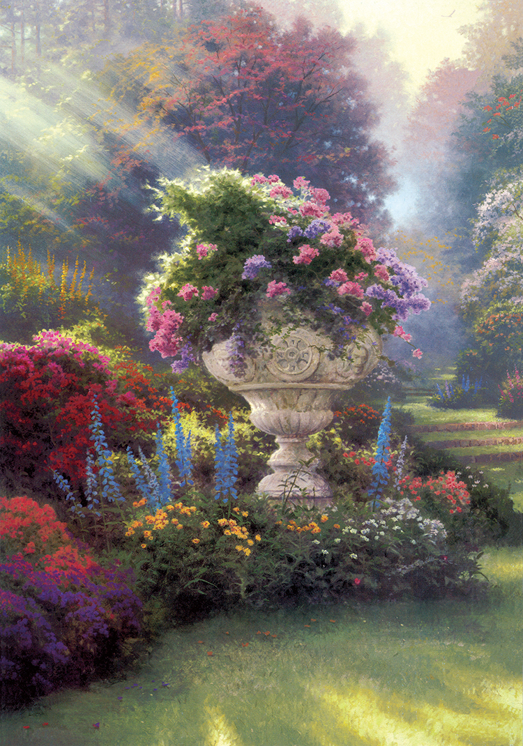 托马斯金凯德田园画作品 花园里阳光下的欧式花盆 高清素材