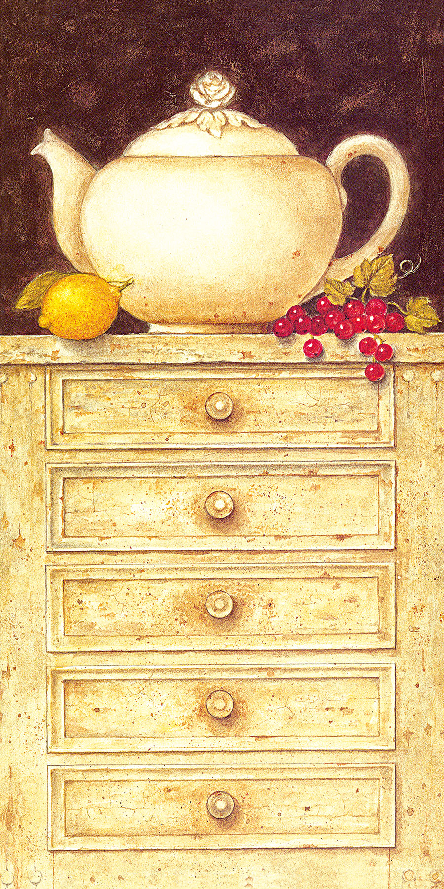高清静物水彩画素材: 柜子上的水壶和水果 A