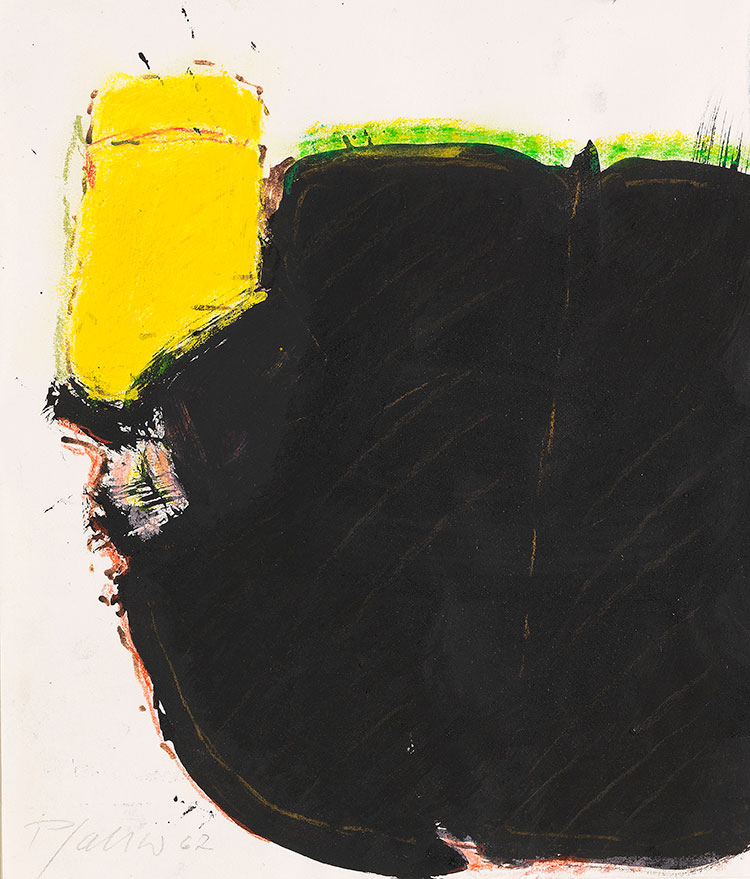 欧美抽象油画: GEORG KARL PFAHLER-Schwarze Form mit Gelb und Grun 1962