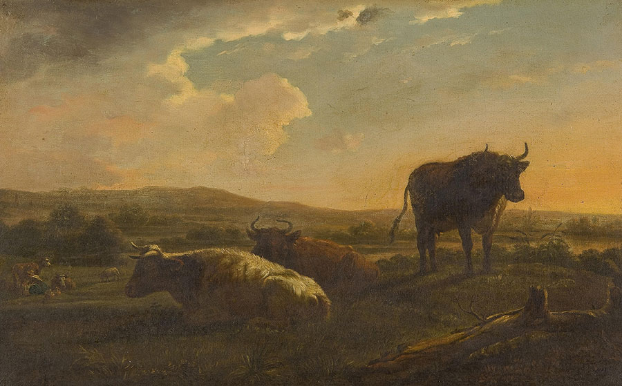 阿尔伯特·库普作品: 黄昏时分的牛和田野油画