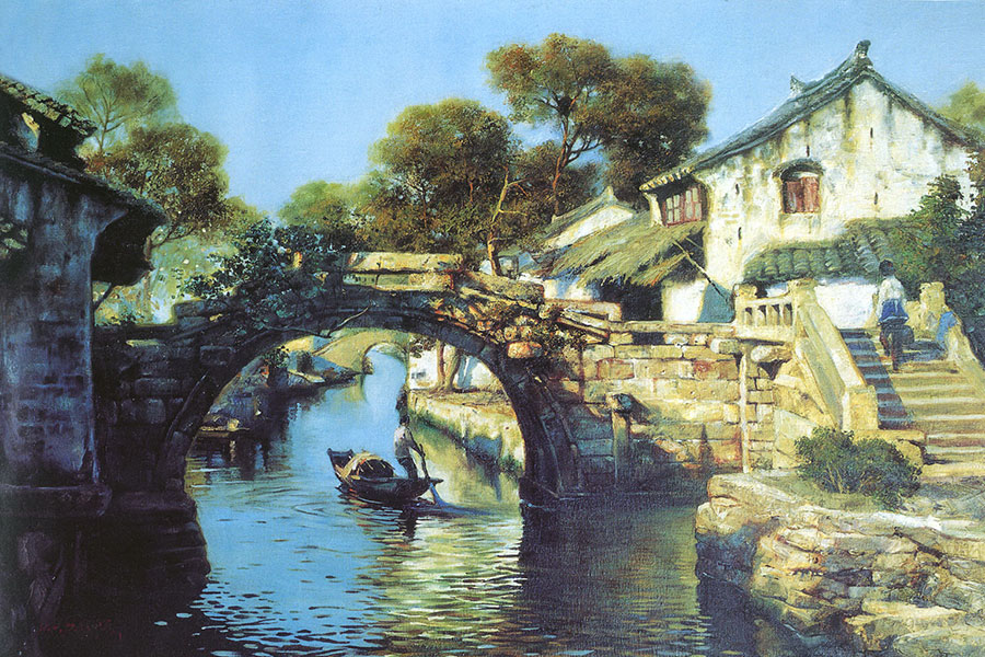江南水乡风景油画 石桥下的渔船 高清素材