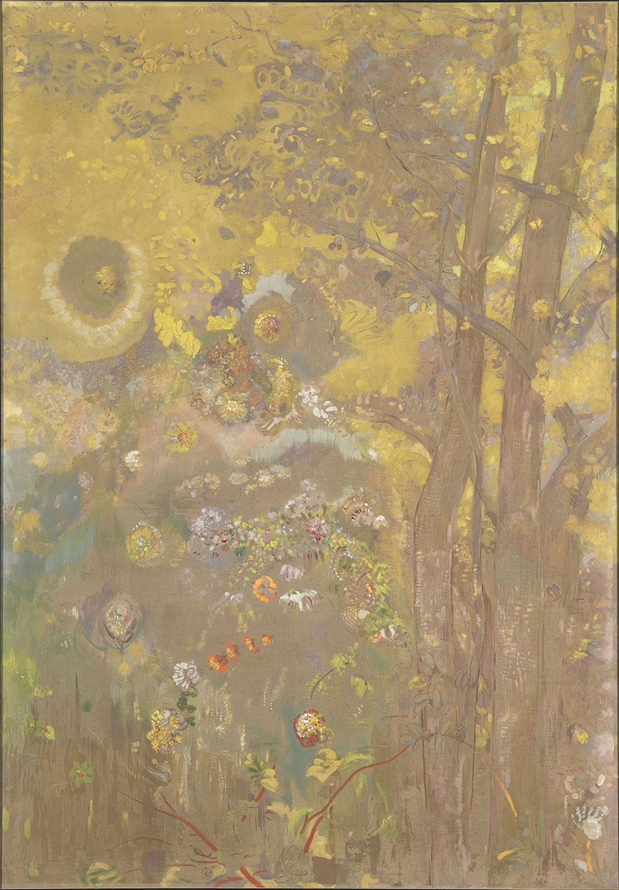 雷东油画作品: 黄色背景的树和花