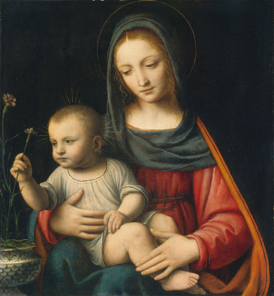 达芬奇作品 圣母怀中的小孩在看花