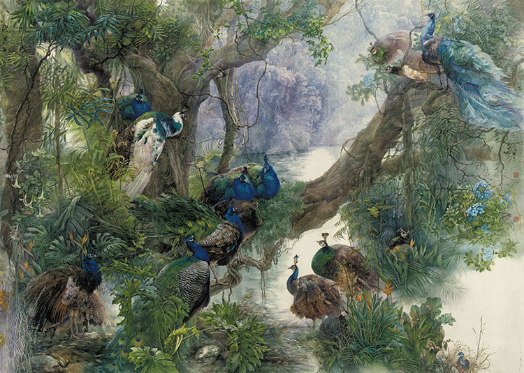 精美孔雀装饰画素材: 树上美丽的孔雀水彩画下载