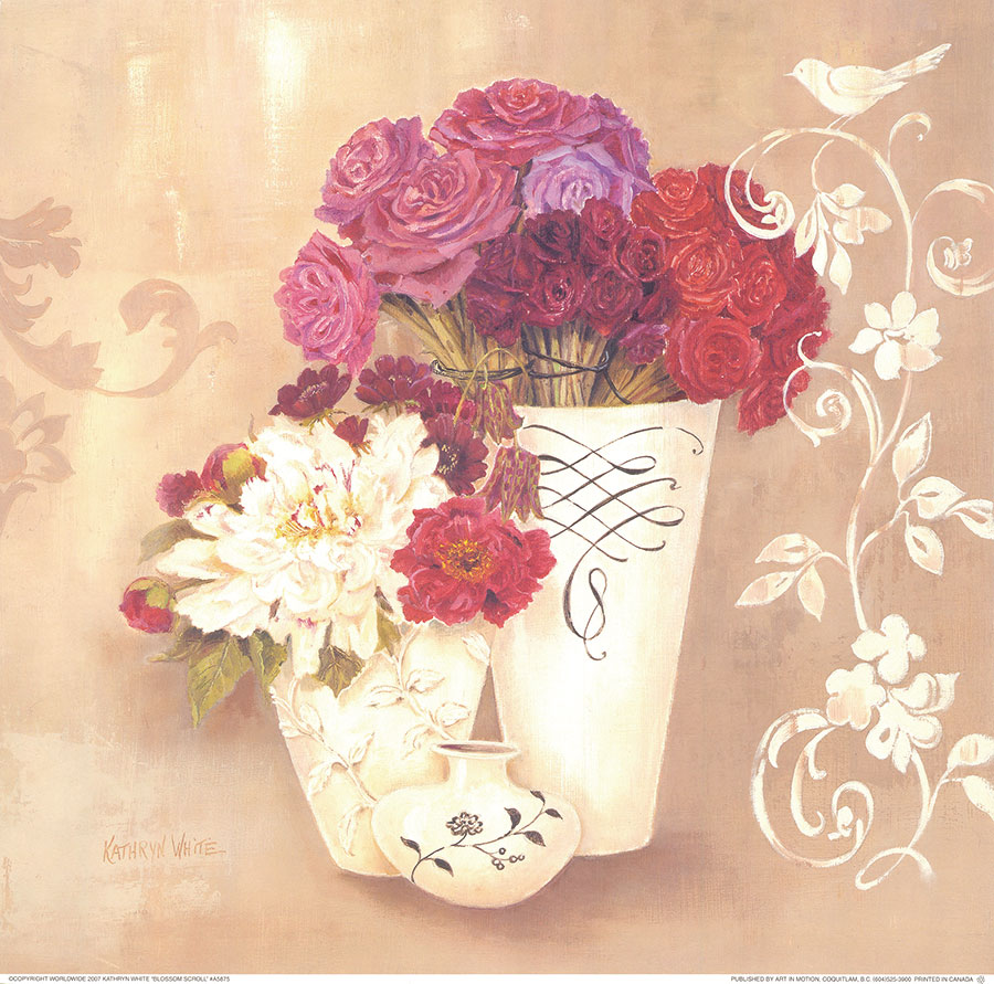 欧式四联花瓶装饰画 菊花与玫瑰花