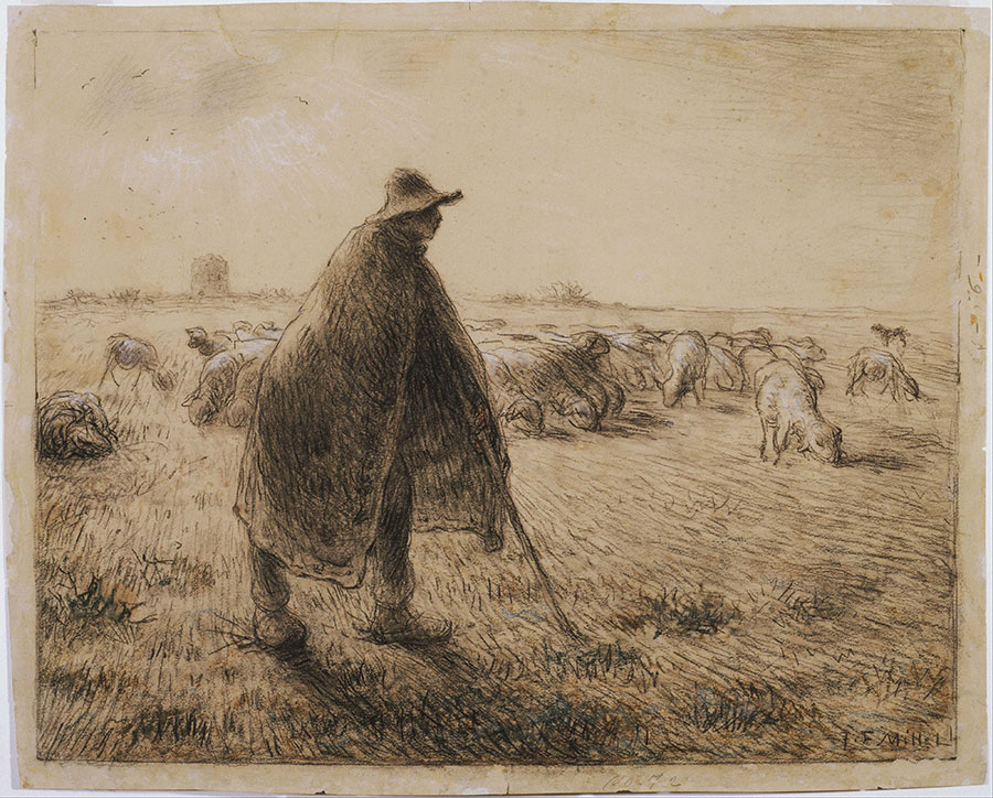 米勒素描作品: 牧羊人看管羊群
