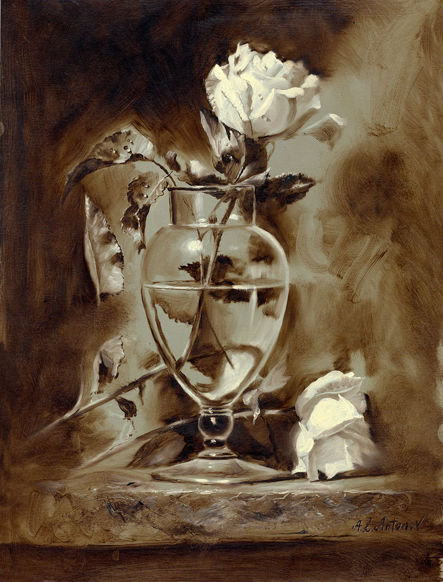 阿列克谢安东诺夫油画作品: 玻璃瓶里的玫瑰花油画