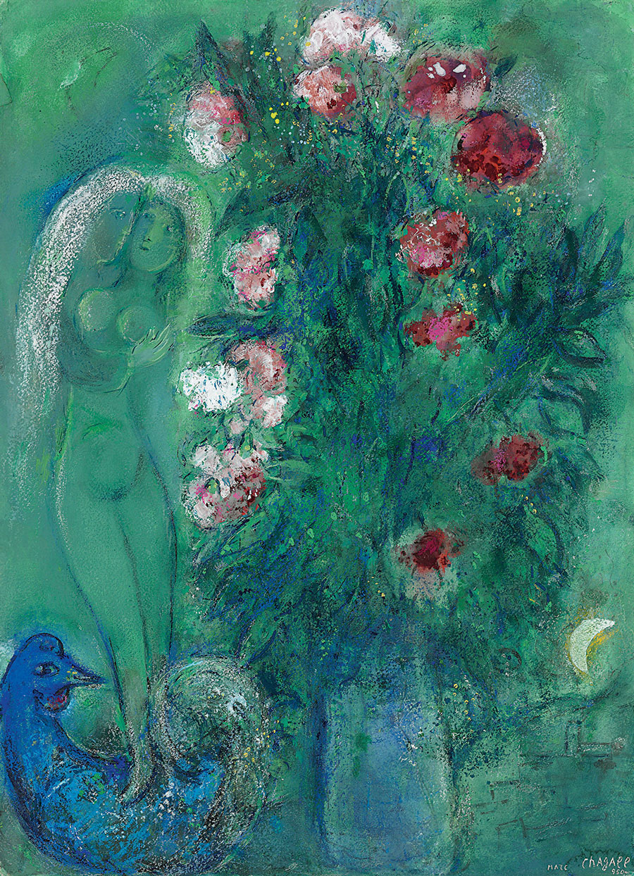 夏加尔油画作品: 花瓶边的裸女  高清大图下载