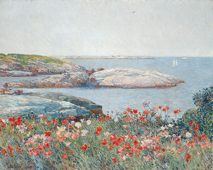 蔡尔德·哈萨姆(Childe Hassam)风景画作品: 夏天的海滩红花