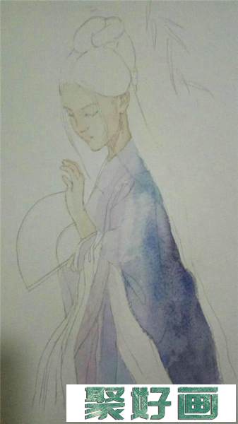 手拿折扇的古风美人水彩画