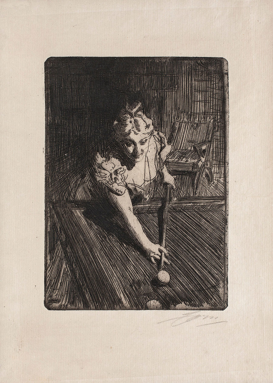 佐恩素描作品:打台球的女人素描欣赏
