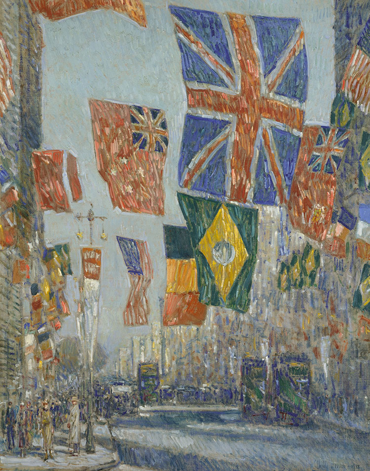 美国印象派画家 蔡尔德·哈萨姆高清作品:街上飘扬的国旗