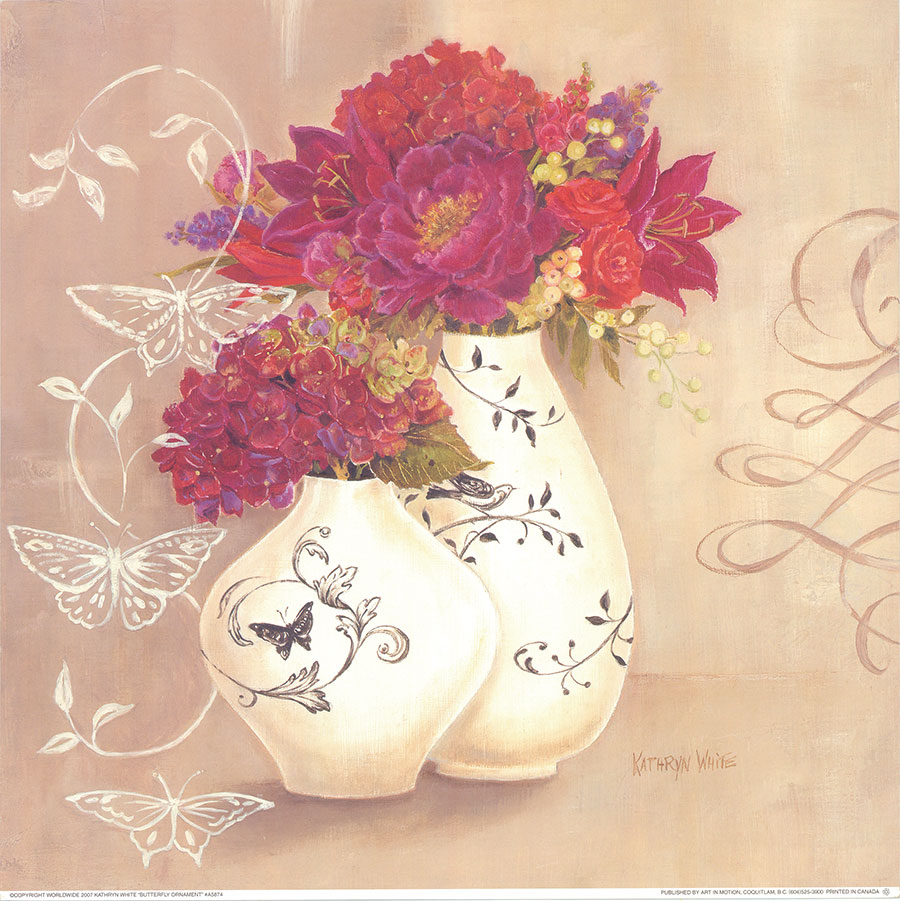 欧式四联花瓶装饰画 白合花与绣球花