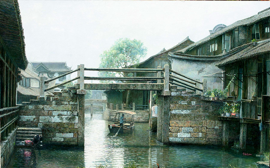 江南水乡风景画 水乡河面上的石桥 高清油画素材下载