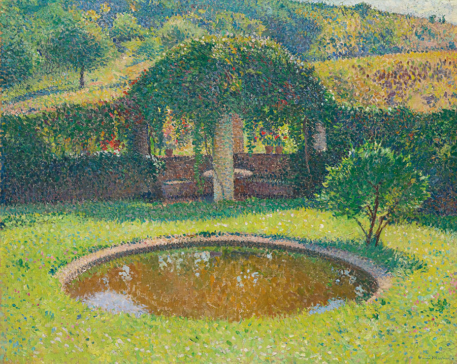 亨利马丁油画: 乡村有水池的后院