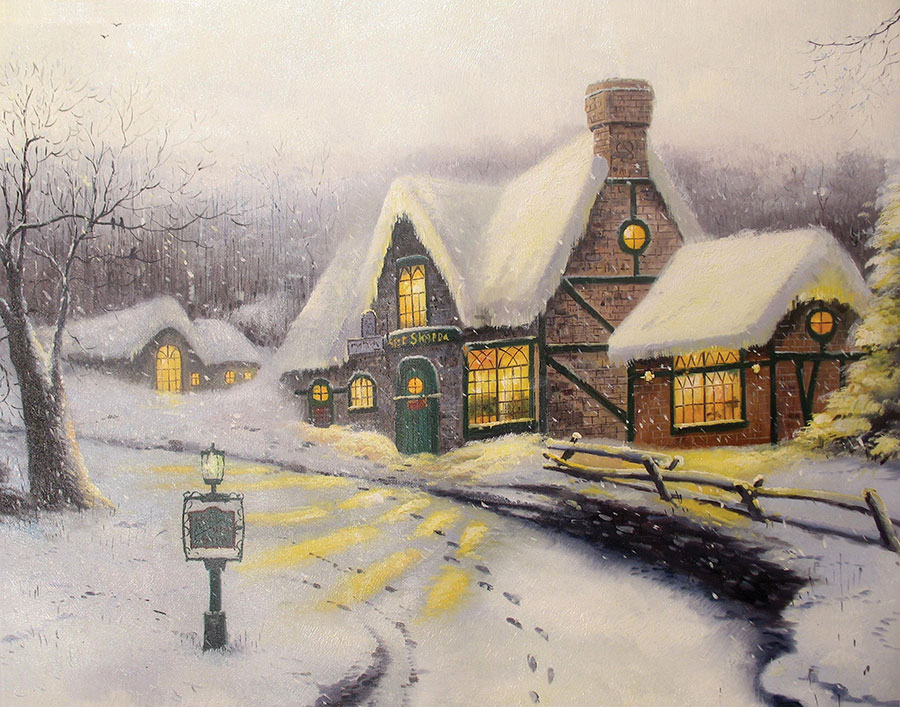 托马斯金凯德thomas kinkade 作品: 夜幕下的乡村雪景 高清油画素材