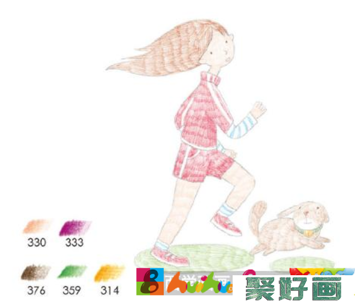 快乐奔跑的少女彩铅画