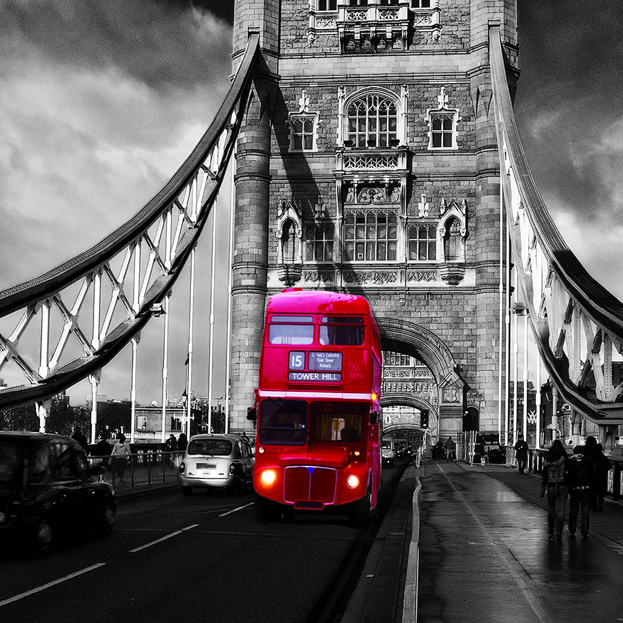 三联现代黑白建筑装饰画: 小汽车 英国伦敦桥和大本钟  A