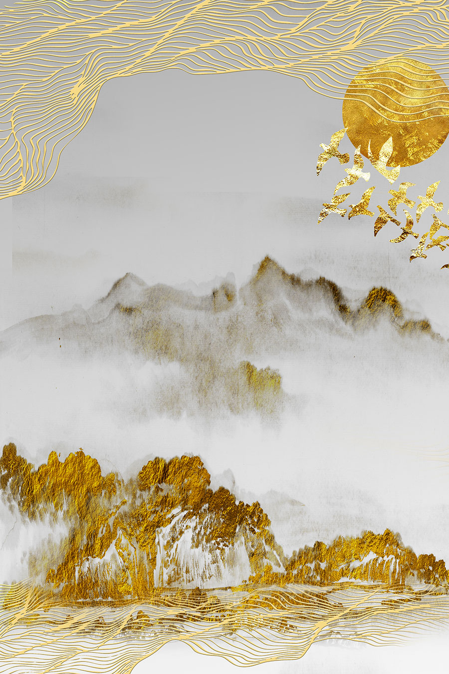 山水晶瓷画素材: 山水画和金色线条装饰画下载 A
